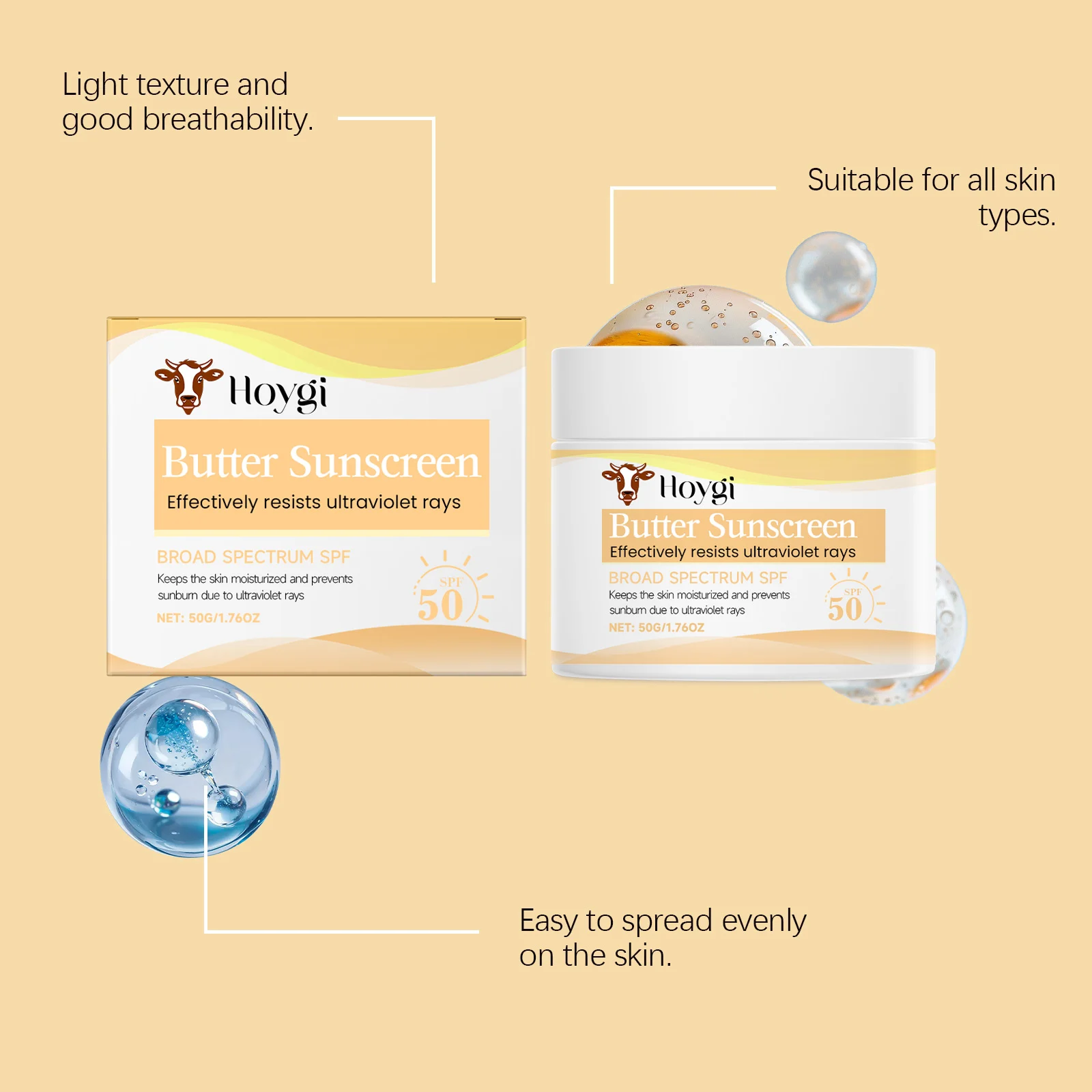 Hoygi Broad Spectrum SPF Sunscreen, Waterproof Moisturizing Butter Cream, Lightweight & Non-Greasy 8 broad spectrum sunscreen butter cream hoy r85nt24q desc 8