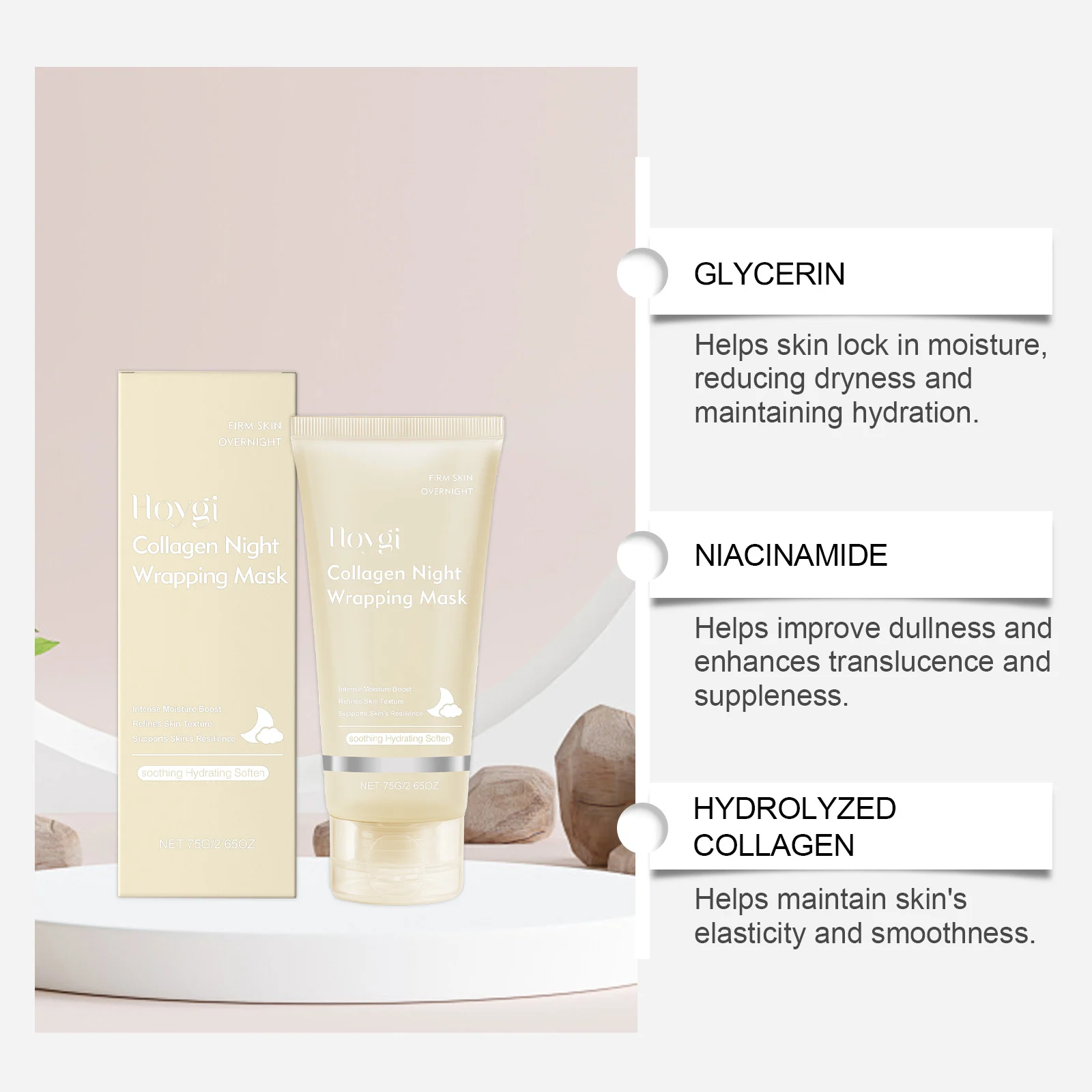 Collagen Night Peel Off Mask with Niacinamide and Hyaluronic Acid for Intense Moisture and Radiance 75g 8 collagen night peel off mask niacinamide hyaluronic acid 75g hoy wybytexw desc 8