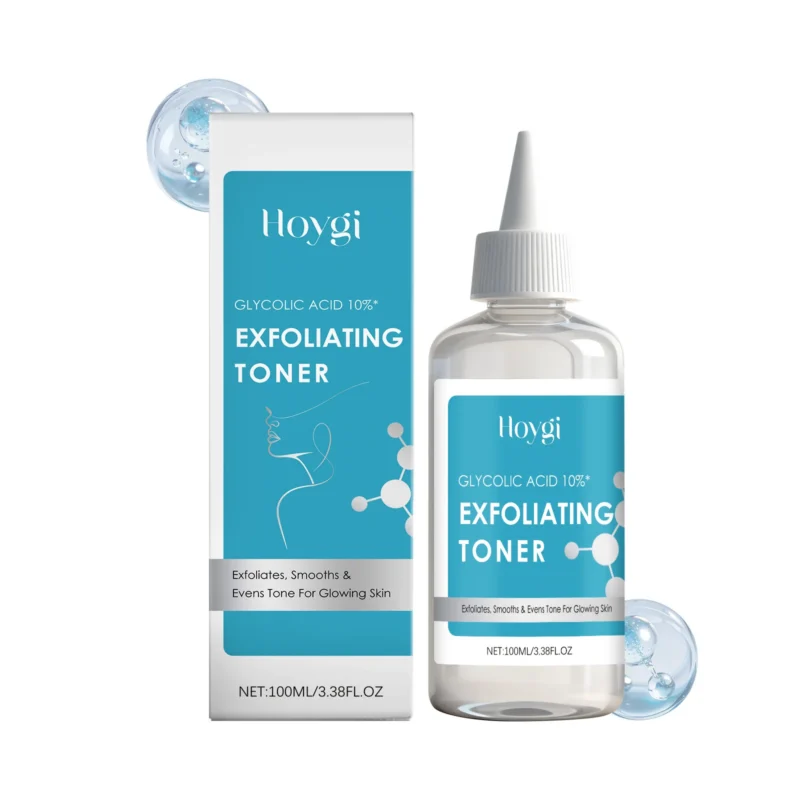 Hoygi Exfoliating Toner with 10% Glycolic Acid for deep cleansing, smoothing skin texture, and boosting radiance in a 100ml bottle.