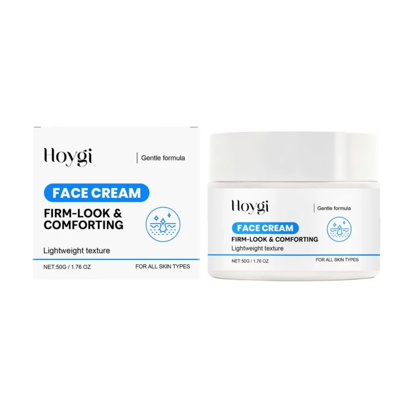 Hoygi Hydrating Face Cream in sleek white jar, featuring lightweight texture for firming skin and providing a radiant glow.
