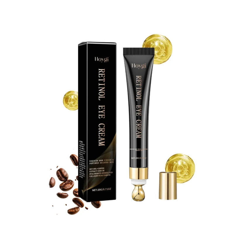 Hoygi Retinol Eye Cream 20g in sleek tube, shown reducing dark circles and puffiness in before/after visuals.