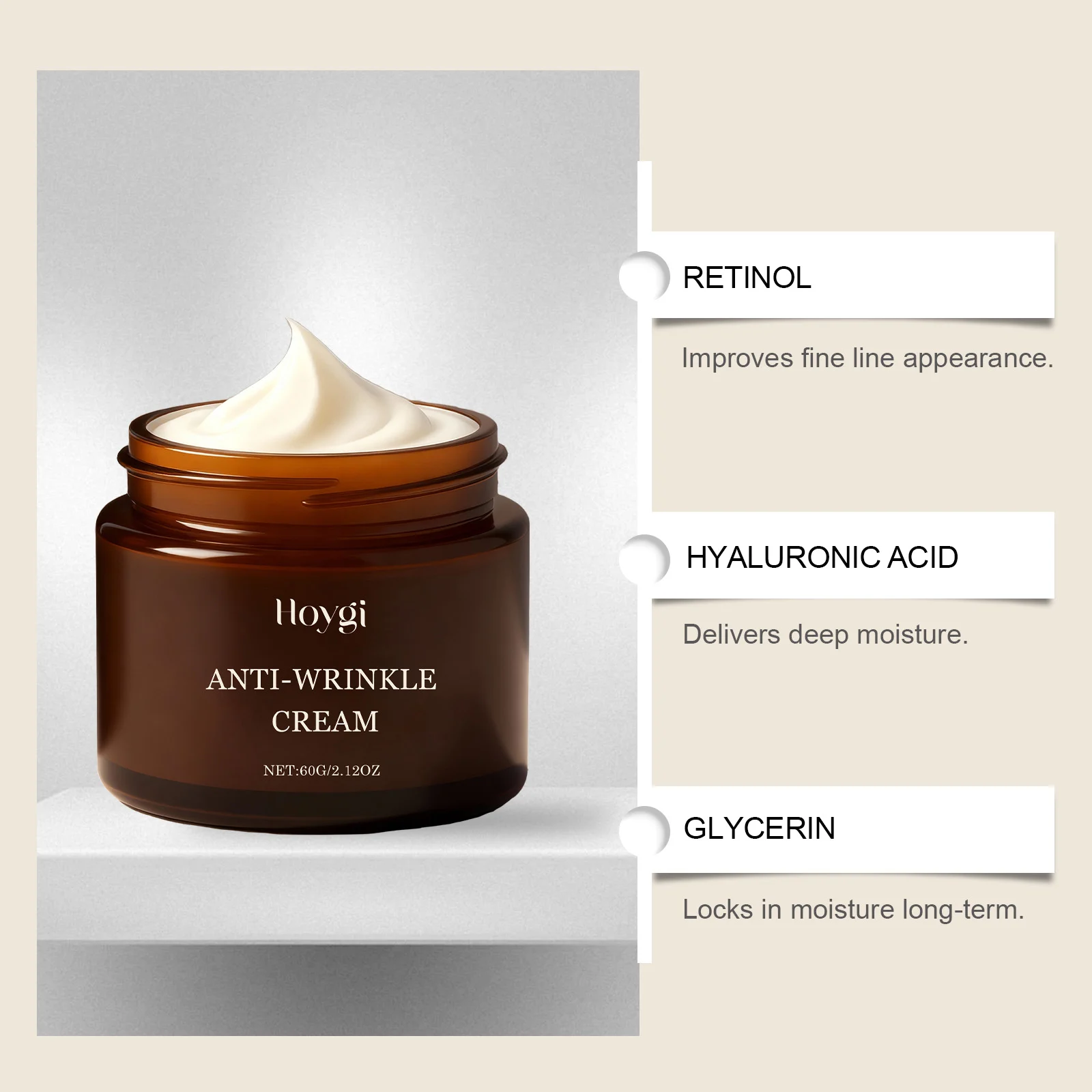 Hoygi Retinol Moisturizing Cream with Hyaluronic Acid for Anti-Wrinkle and Fine Line Care 4 retinol moisturizing cream hoy yyq37f4g desc 5