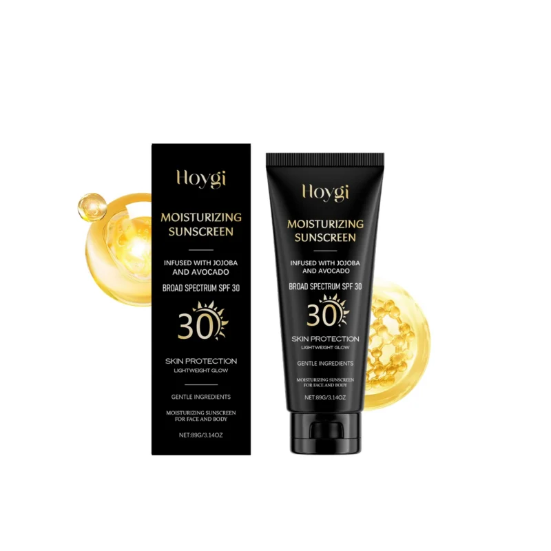 spf-30-moisturizing-sunscreen-broad-spectrum-hoy-msh4s7z7-1 Hoygi SPF 30 Moisturizing Sunscreen in a white tube, offering broad-spectrum UVA/UVB protection with jojoba and avocado oil for a lightweight glow.